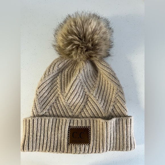C.C Exclusives Beige Knit Beanie with Faux Fur Pom - Picture 2 of 5